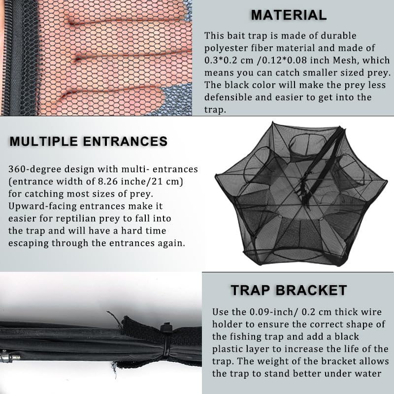 Foldable Black Fishing Bait Trap with 6 Entrances - 27.6x10.2in, Collapsible Minnow, Crab & Shrimp Catcher - Drasry