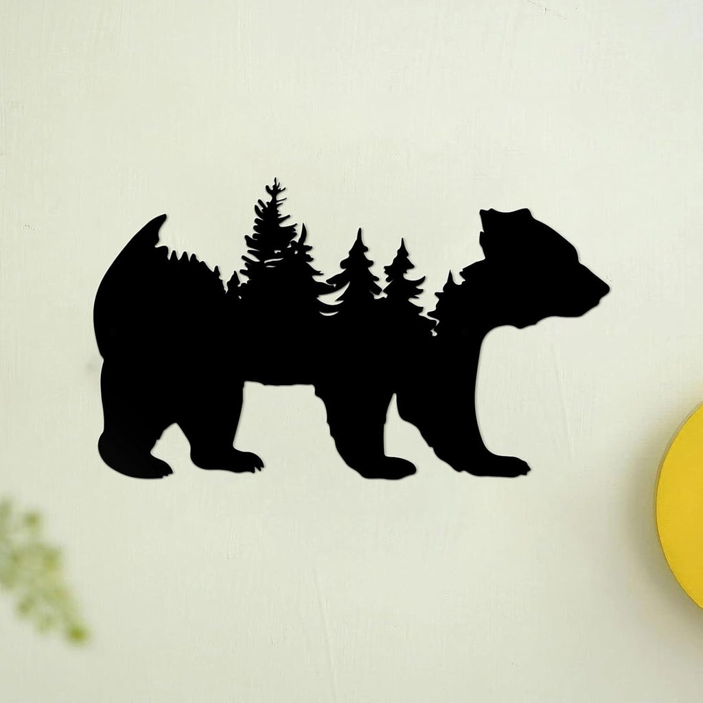 Resama Metal Wall Art - Rustic Pine Tree & Bear Decor for Living Room | Indoor/Outdoor Wilderness Design (Black)
