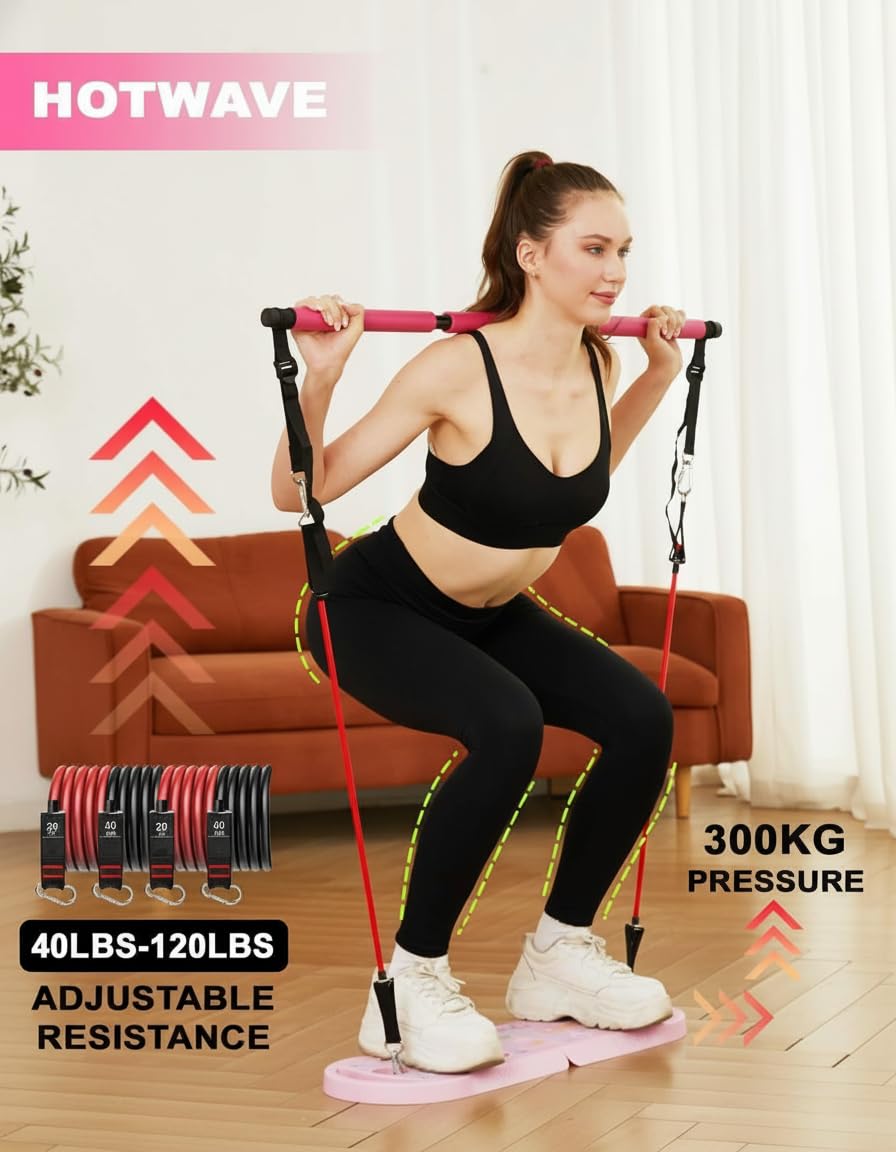 HOTWAVE Portable Exercise Equipment with 16 Gym Accessories.Resistance Bands with Fitness Squat Bar&Ab Wheel,Full Body Workout at Home