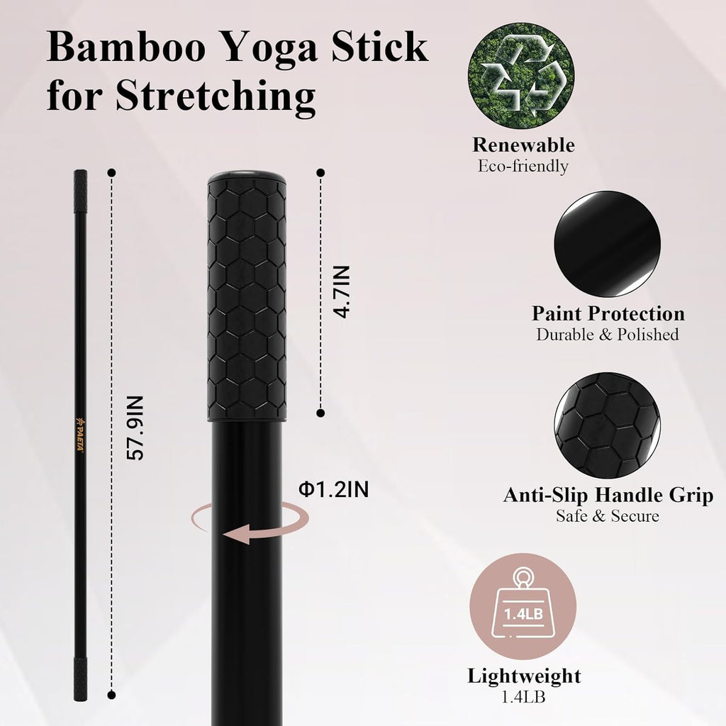 PAETA Yoga Stick - 5ft Bamboo Stretch Bar for Enhanced Mobility & Flexibility | Non-Slip Grip Included