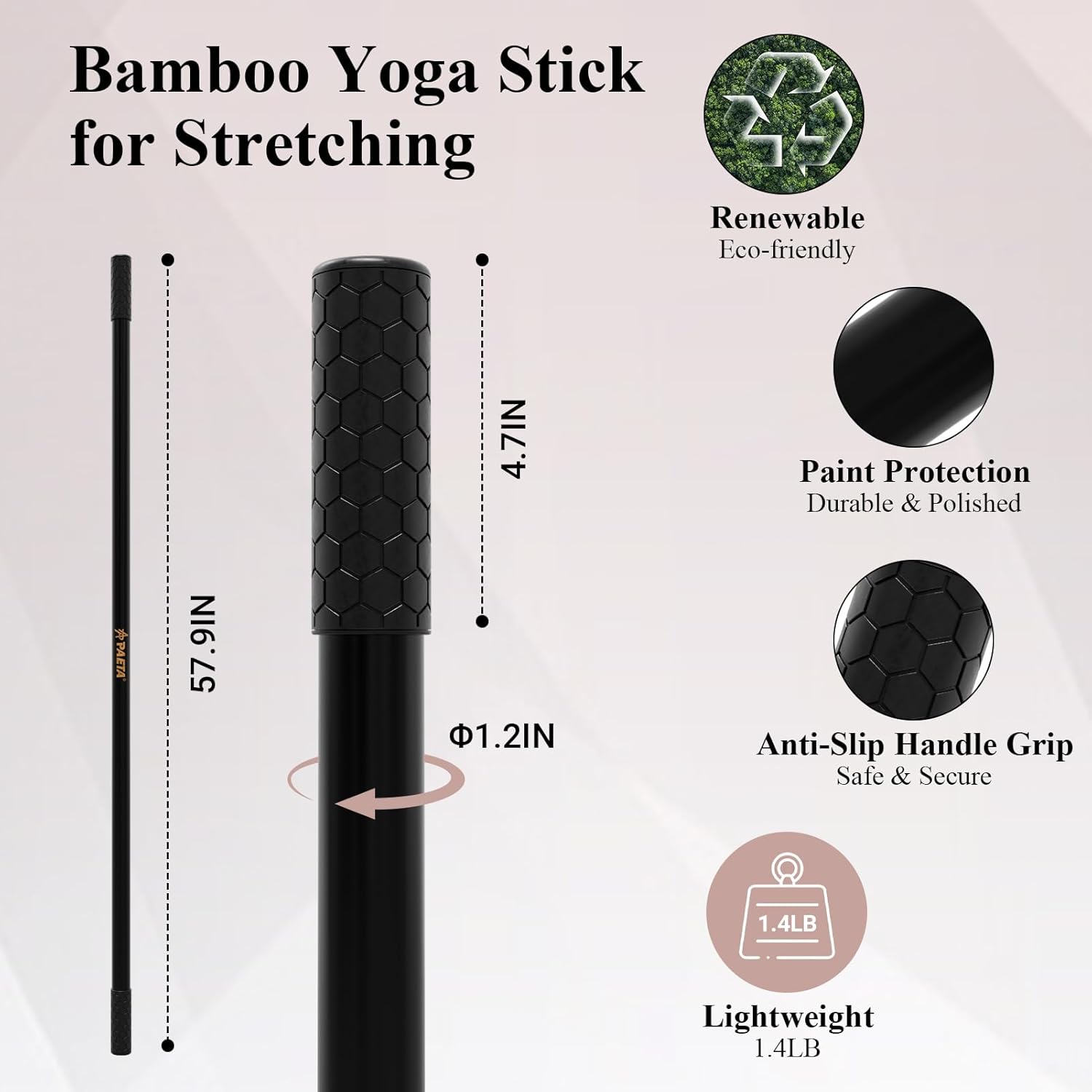 PAETA Yoga Stick - 5ft Bamboo Stretch Bar for Enhanced Mobility & Flexibility | Non-Slip Grip Included