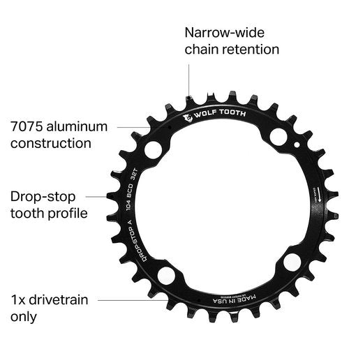 Wolf Tooth 96BCD Drop Stop Chainring for 11-Speed Shimano XT and XTR Cranks (32t, for M9000 XTR)