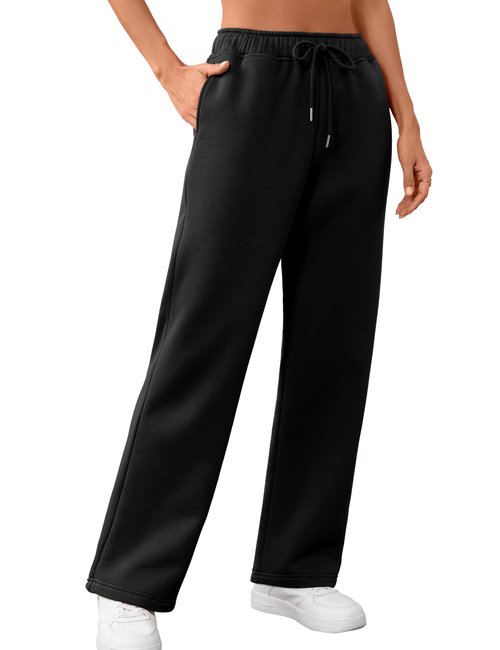 Warmrole Womens Sweatpants Black Straight Leg 2026 Trendy Fall Fleece Lined Pants with Pockets for Casual, Lounging, Medium