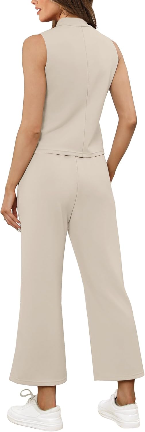 SAMPEEL Two-Piece Summer Sets for Women - Mock Neck Tops & Wide Leg Crop Pants | Perfect for Vacation Travel