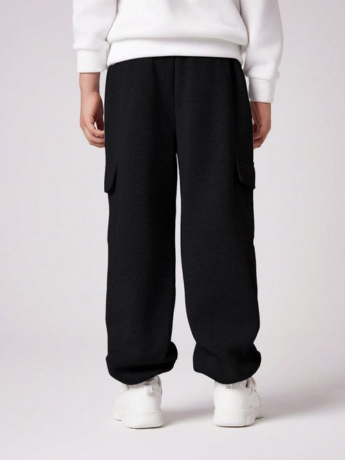 RoseSeek Boy's Wide Leg Cargo Pants Baggy Sweatpants Casual Sports Joggers Big Kids Long Trousers with Pockets Black 12 Years