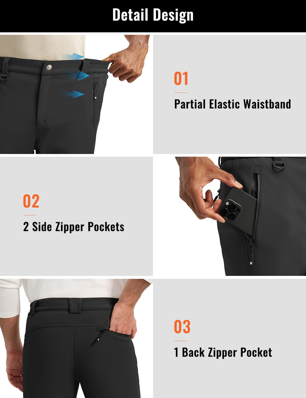 Rdruko Men's Snow Ski Pants Waterproof Insulated Fleece Lined Snowboard Winter Hiking Camping Pant with Zipper Bottom Leg, Black, 34