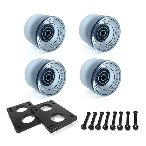 LOOEEL 60mm Longboard Wheels 80A Contains ABEC-9 Bearings and Spacers,Skateboard Riser Pads,Skateboard Hardware Screws Bolts,fit for Your Longboard Skateboards.-Transparent frosted