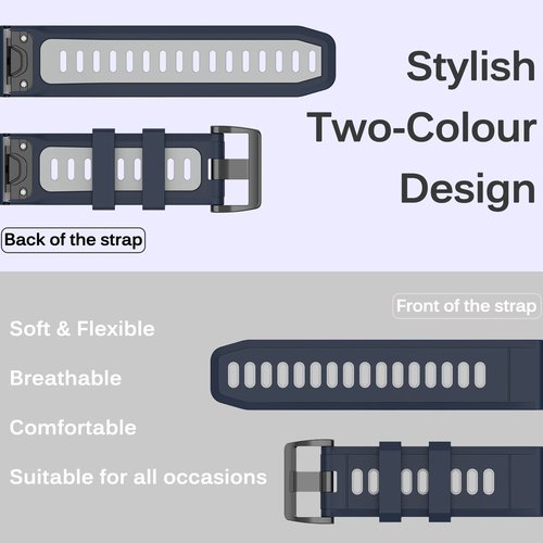 Miimall Compatible for Fenix 7/6/5 Bands, 22mm Width Soft Silicone Sport Waterproof Replacement Strap Band for Fenix 7/7 Solar/7 Sapphire Solar/6/5/Instinct(Midnight Blue+Grey)