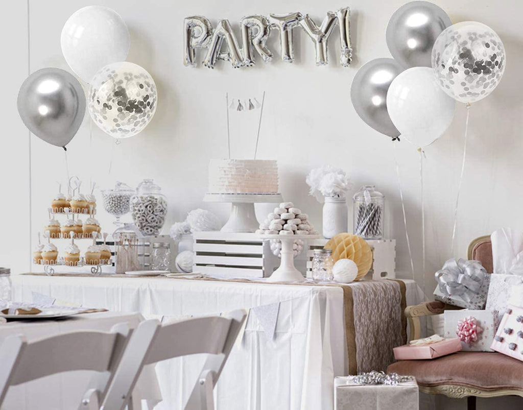 Bezente White Silver Balloon Garland Kit,100Pcs White Silver Metallic Chrome and Silver Confetti Balloons with Balloon Tape for Winter Wonderland Wedding Prom Special Events Party Winter Decor