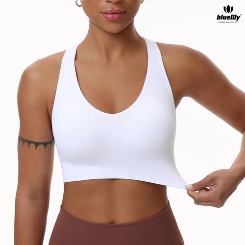 BLUELILY Women's Sports Bras 3 Pack Racerback Medium Support Bras V-Neck Padded Workout Seamless Yoga Athletic Bras