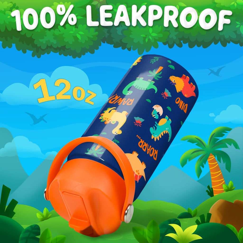 Skiennix Dinosaur Water Bottle - Insulated 12 Oz Kids Bottle with Straw Lid | Perfect for School & Sports