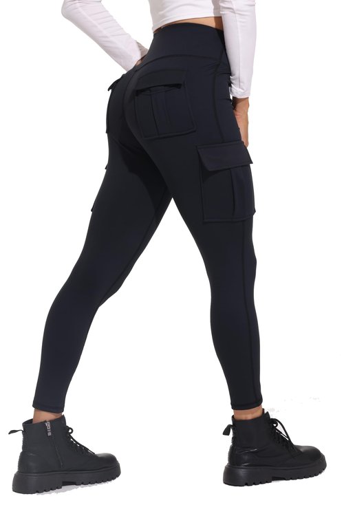 Cargo Leggings Women Yoga Work Pants with Pockets Gym Athletic Workout Running Hiking High Waisted Tummy Control Cute Comfy Soft Stretch Tall 7/8 Ankle Jogger Trendy Clothes Bottoms Black 29" M