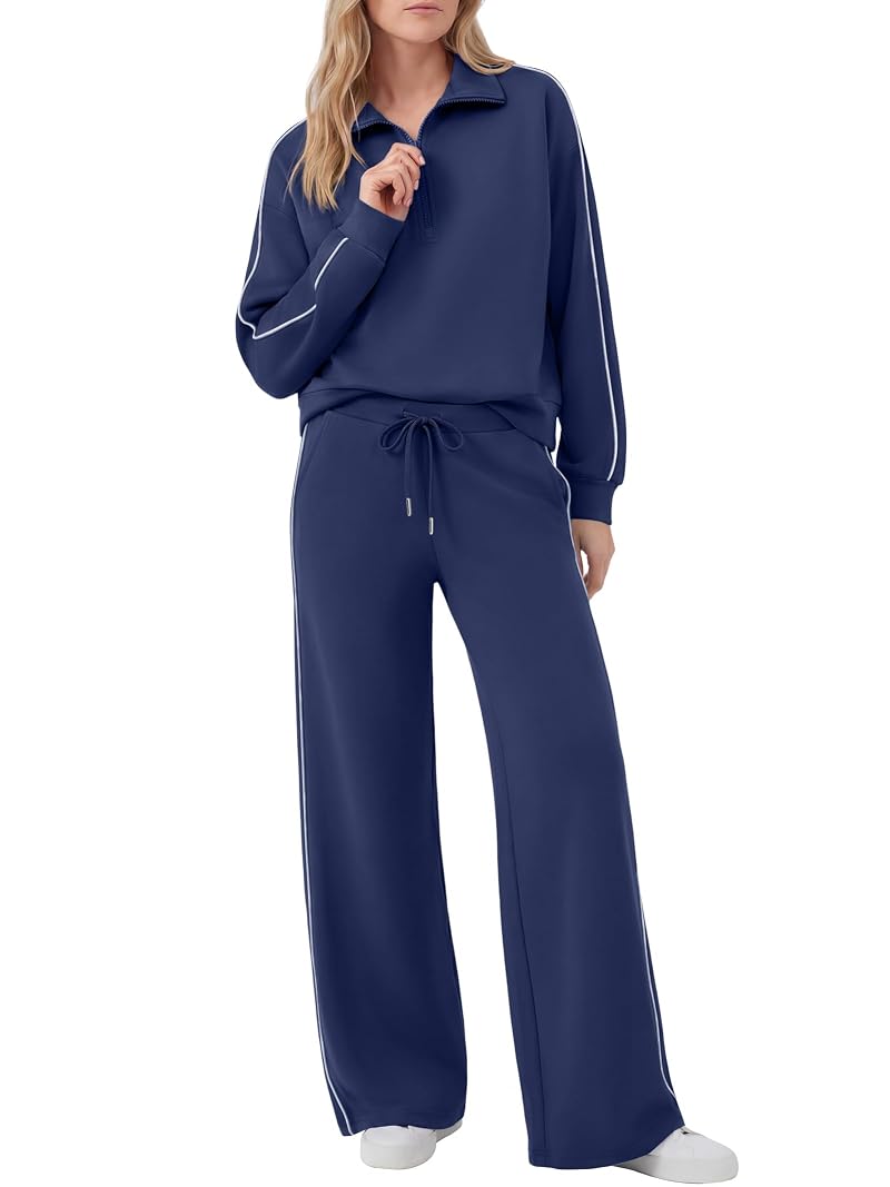 Casly Lamiit Women’s 2-Piece Half Zip Wide Leg Tracksuit Navy Blue, Medium