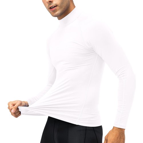 Mens White Turtleneck Compression Shirt Long Sleeve Athletic Running Tops Football Shirts Sport Baselayer Undershirt