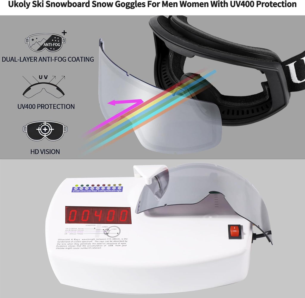 Ukoly Ski & Snowboard Goggles - HD Anti-Fog Lens, OTG Design, UV400 Protection | Windproof for Men & Women