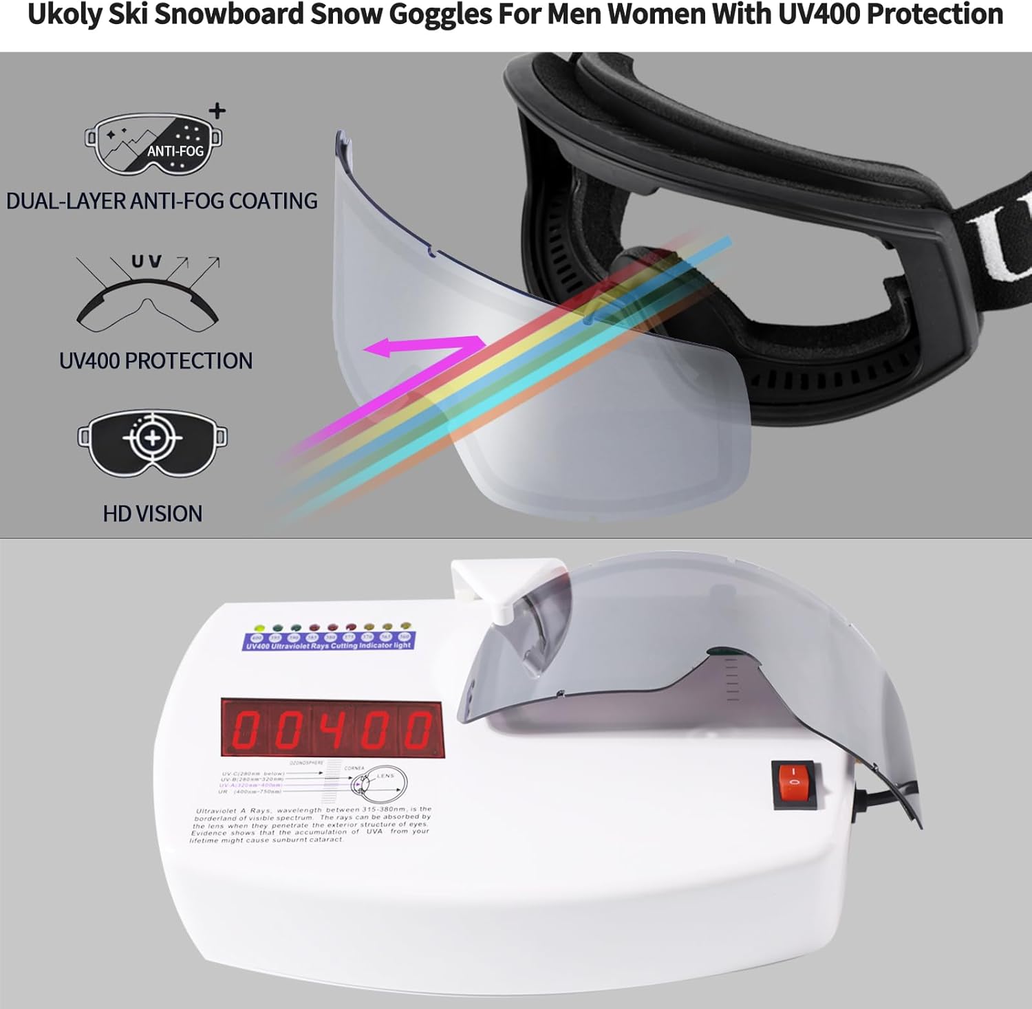 Ukoly Ski & Snowboard Goggles - HD Anti-Fog Lens, OTG Design, UV400 Protection | Windproof for Men & Women