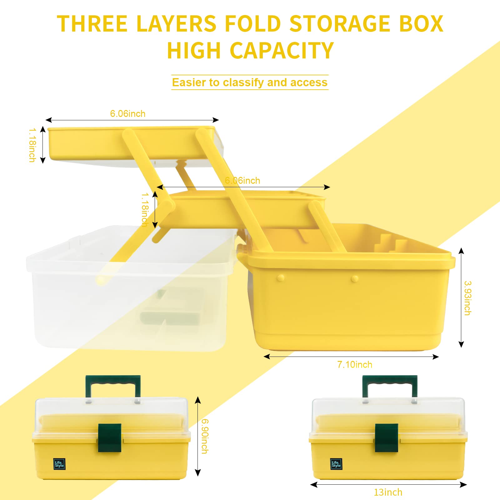 Creahaus 13 inch Art Craft Organizer Storage Box with 3 Layer, Multipurpose Plastic Tool Box with Handle for Sewing, Art Supply, Medicine, Nail, Hair Accessories (Yellow)