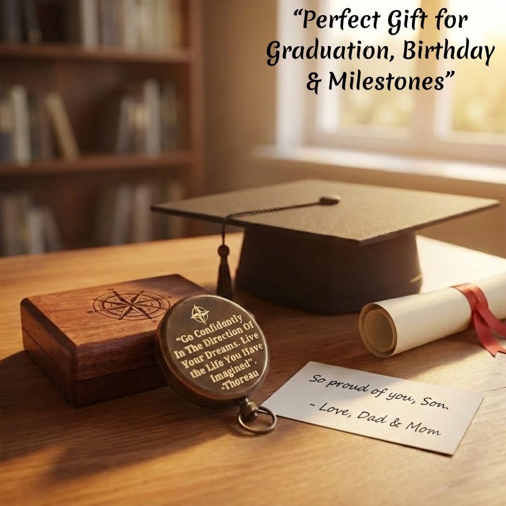 Solid Brass Engraved Compass | Go Confidently in Direction of Dreams Inspirational Thoreau Quote | Graduation & Baptism Gift | Vintage Antique Finish | Includes Wooden Case | Nautical Collectible