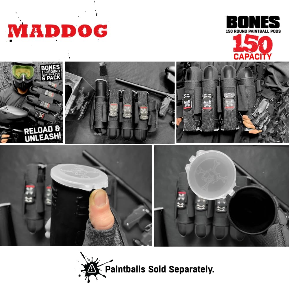 Maddog 150 Round Bones Paintball Pods | Durable Quick Reload Tubes for Tournament and Recreational Speedball Woodsball | 6 Pack - Black