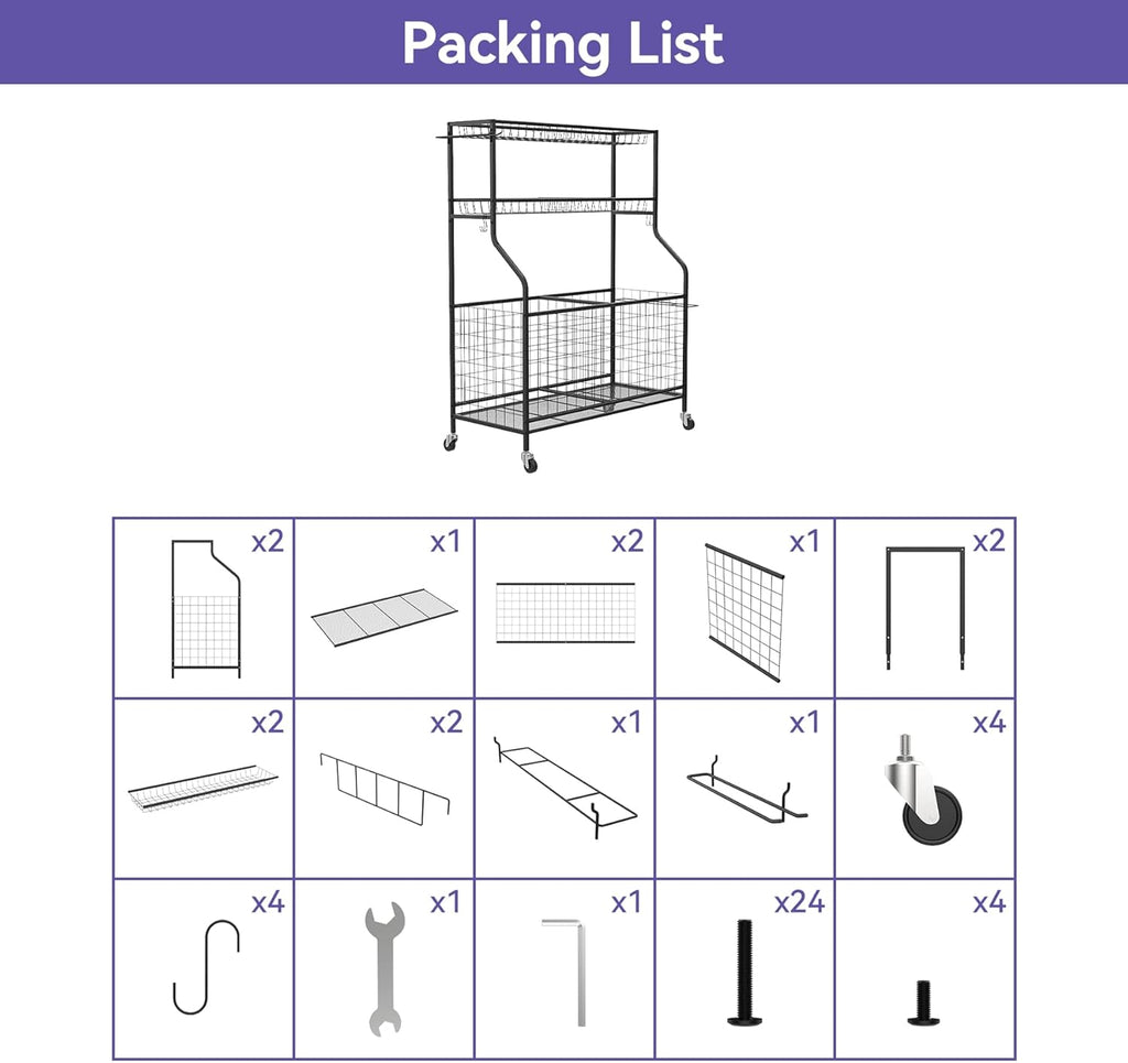 WALMANN Garage Ball Organizer - Indoor/Outdoor Sports Equipment Storage Rack | Rolling Cart for Kids' Balls and Toys