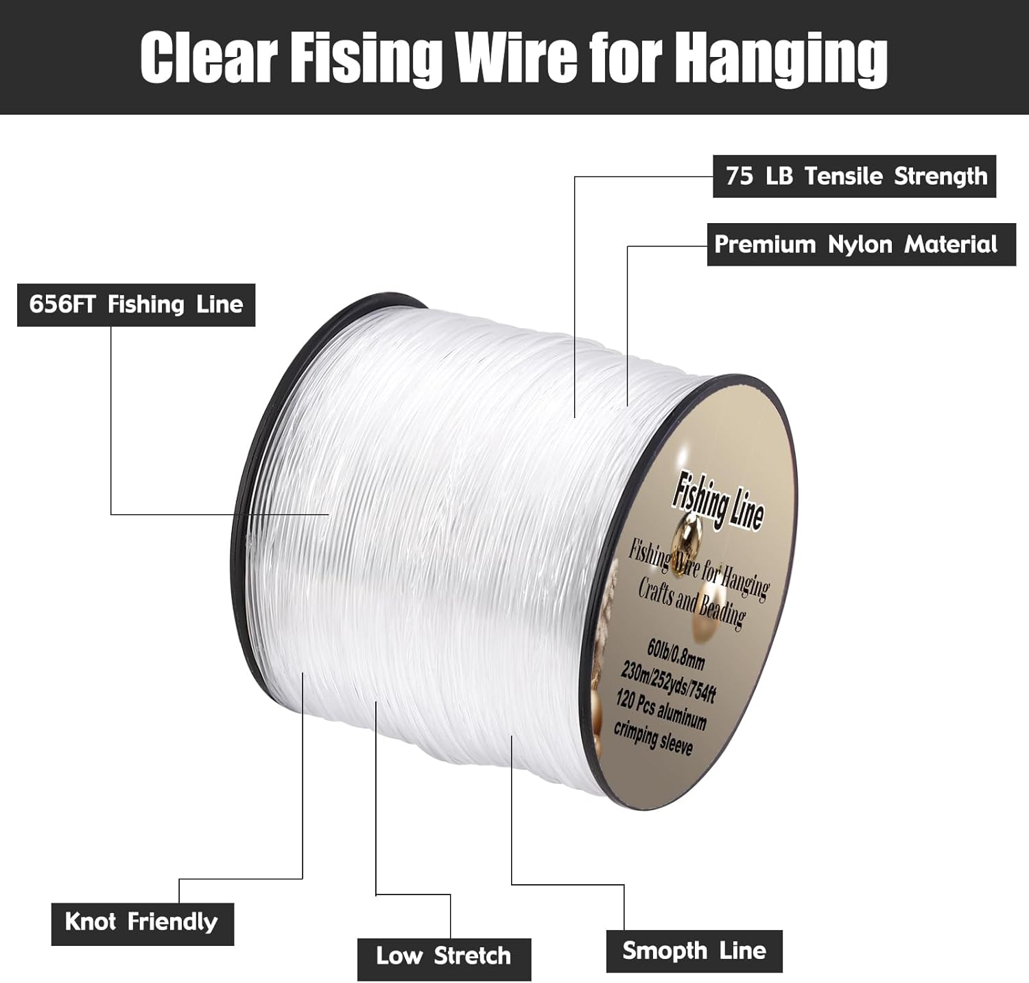 Skiennix Strong Clear Invisible Hanging Wire - 0.8mm 75 Lb, 754 FT Nylon Fishing Line with 120 Pcs Aluminum Crimping Sleeves for Crafts and Decorations