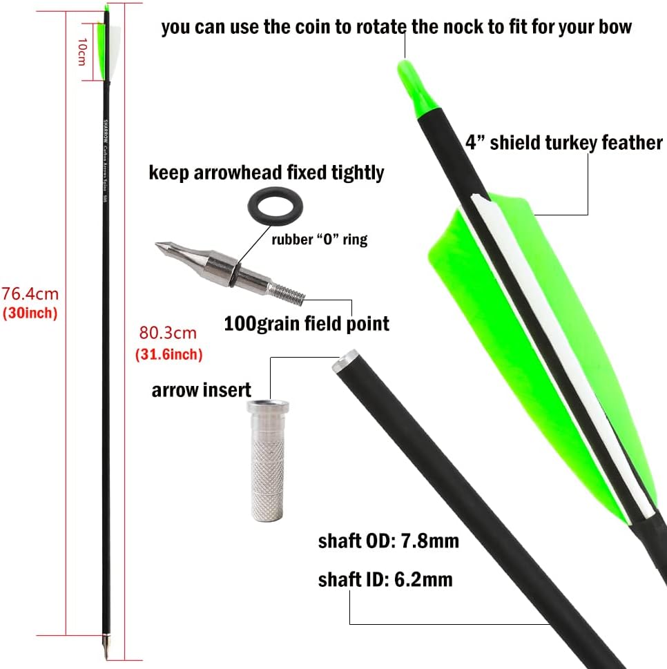ZSHJGJR Carbon Archery Arrows - 30 Inch with 4” Turkey Feathers for Compound & Recurve Bows | 6/12 Pack