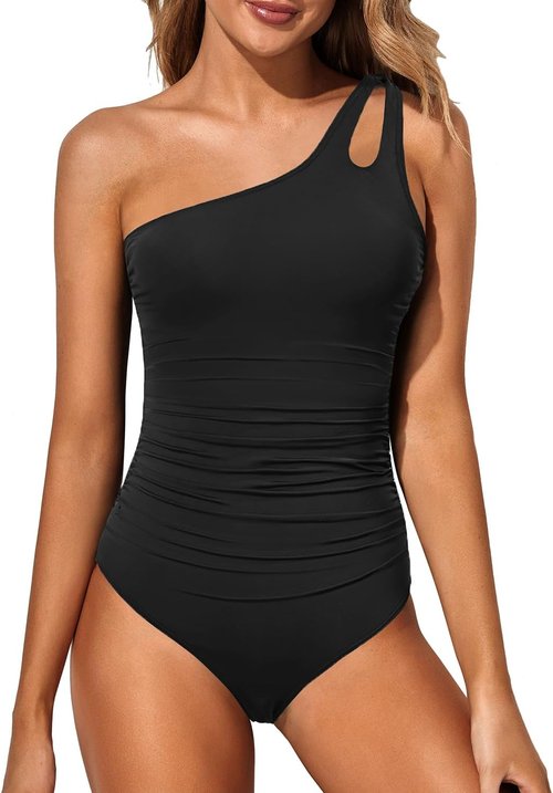 Holipick One Shoulder One Piece Swimsuit - Tummy Control Bathing Suit for Women | Modest Full Coverage