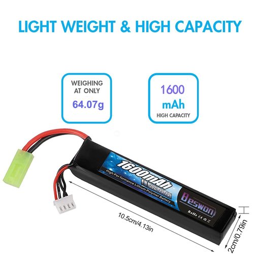 BESWON 2 Packs Airsoft Battery 11.1V Rechargeable 1600mAh 30C Lipo Battery with Mini Tamiya Connector，2S-3S Balance Charger for Airsoft Guns Rifle