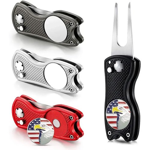 Patriotic Golf Divot Tool with USA Flag & Eagle Ball Marker - Perfect for Golfers (Black)