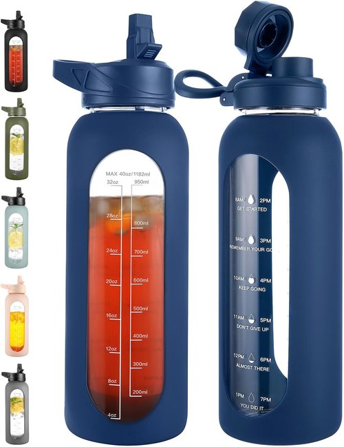 CIVAGO 40 oz Glass Water Bottle - Motivational Sports Flask with Straw, Time Marker & Silicone Sleeve - Navy