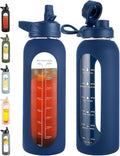CIVAGO 40 oz Glass Water Bottle - Motivational Sports Flask with Straw, Time Marker & Silicone Sleeve - Navy