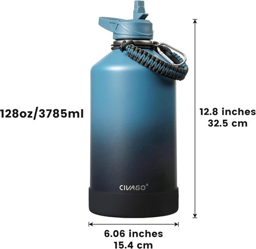 CIVAGO Insulated Gallon Water Bottle - 128 oz Stainless Steel Flask with Straw & 3 Lids | Indigo Black