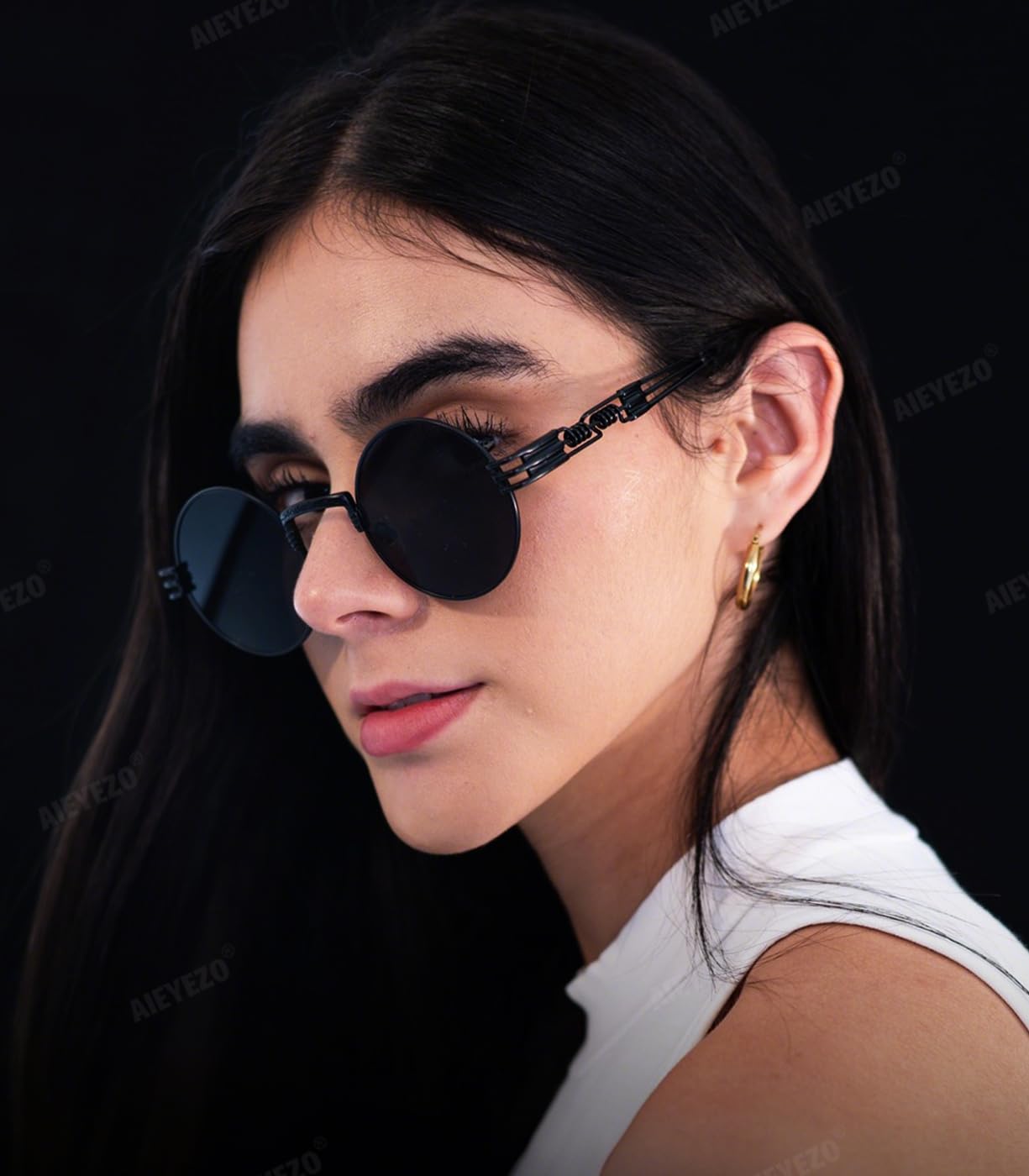 AIEYEZO Round Steampunk Sunglasses for Men Women Retro Circle Hippie Glasses Metal Frame 100% UV Blocking Lens (Black/Grey)