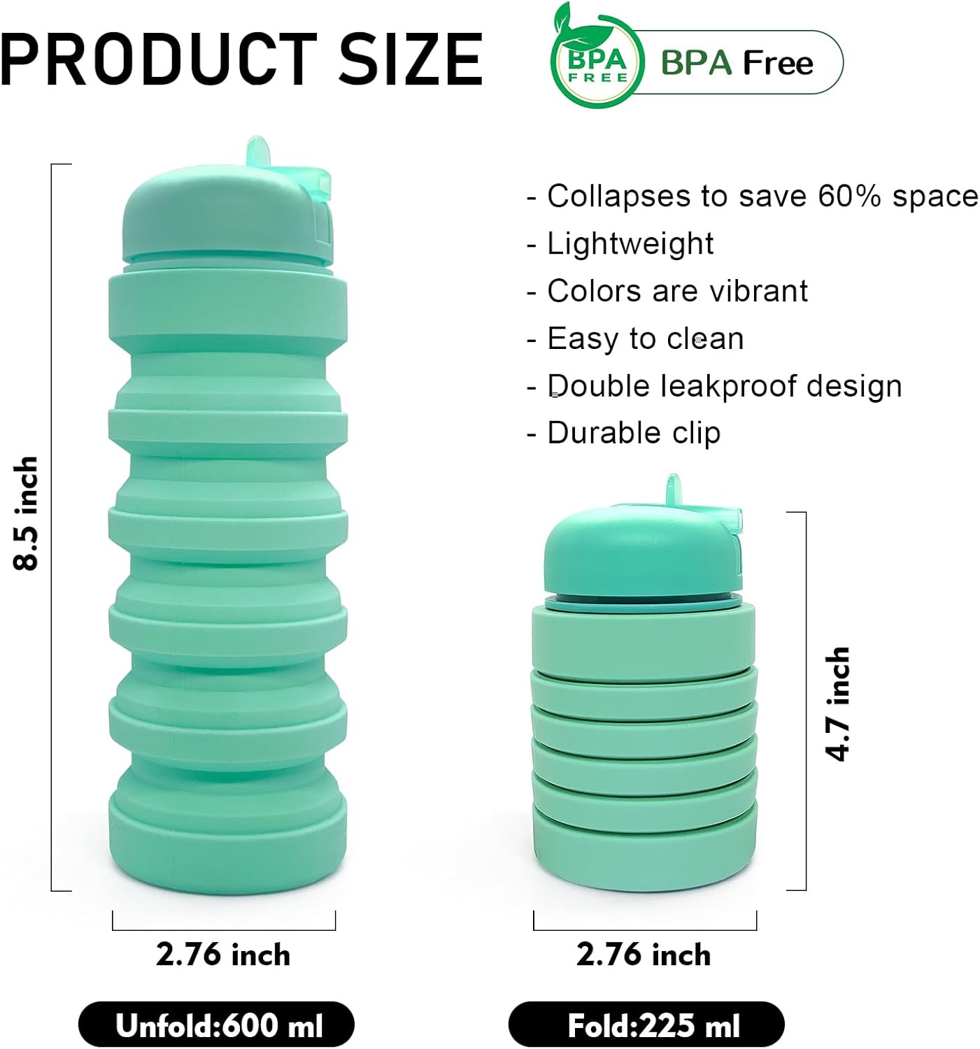 Skiennix Collapsible Water Bottle - 20oz Portable Silicone Leakproof Design for Travel & Outdoor Activities