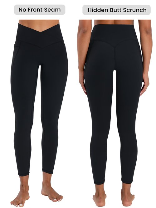 Sunzel Butt Lifting Scrunch Leggings for Women with Pockets No Front Seam Crossover Workout Booty Yoga Pants Tummy Control 25" Inseam Black Small