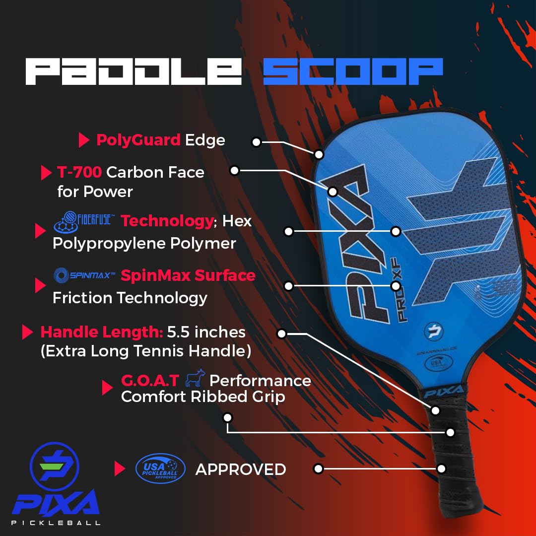 PIXA Pro XF T-700 Carbon Face Premium Pickleball Paddle; 20mm; Long 5.5 inch Handle; Premium Grip; Intermediate/Advanced; Great Gift!
