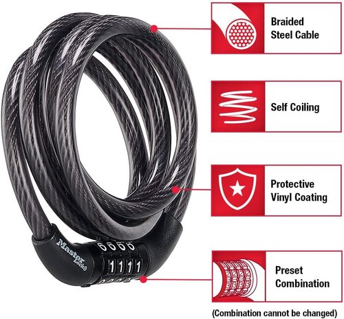 Master Lock Black Set | Preset Combination Bike Lock - Weather Resistant Vinyl Coating, 4 Feet Long, Pack of 2