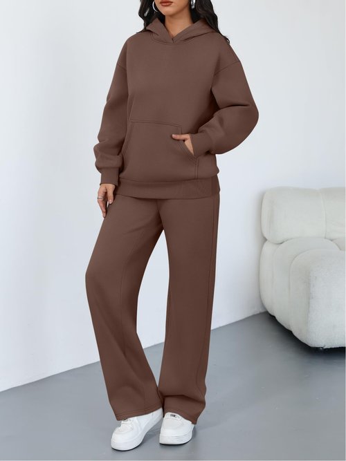 Trendy Queen 2 Piece Lounge Sweat Sets Plus Size Fall Fashion Matching Sweatsuits Wide Leg Pants Travel Outfit Winter Clothes Brown M