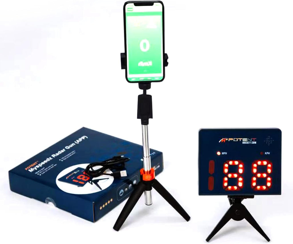 Speed Radar Gun 2.0 by Potent | App-Enabled Hockey Shot Tracker with USB Rechargeable Battery & Adjustable Angles