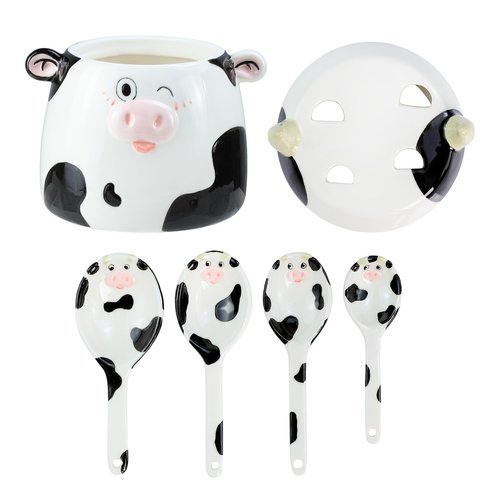 Bicuzat Ceramic Cow Pattern Measuring Spoons Set for Dry or Liquid with Measuring Cup Set, 4 PCS Kitchen Measuring Baking Spoons Cooking Measuring Spoons for Kitchen Baking Tool Utensil Set