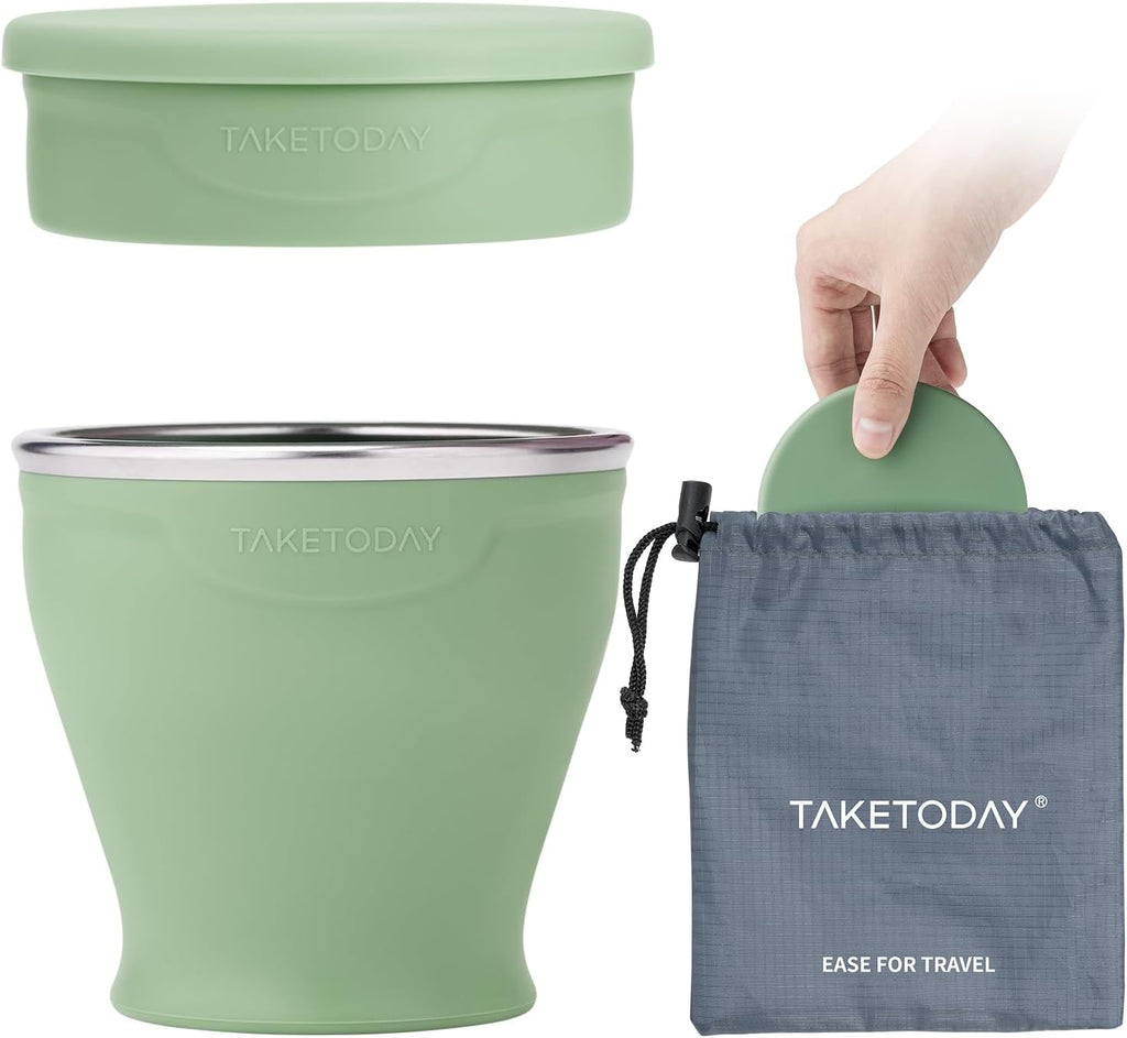 TakeToday Collapsible Travel Cup - 8 oz Silicone Foldable Water Cup with Lid & Waterproof Bag | Green