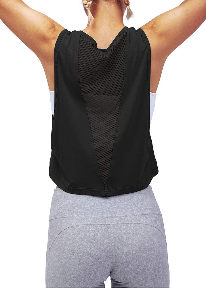 Mippo Women’s Workout Crop Top - Mesh Back Gym Tank, Black, Medium