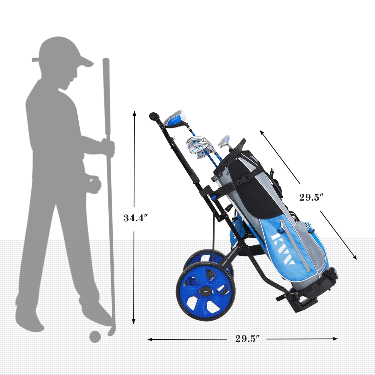 KVV Adjustable 2-Wheel Golf Cart for Juniors from 3 to 10 Years Old(Black/Blue)
