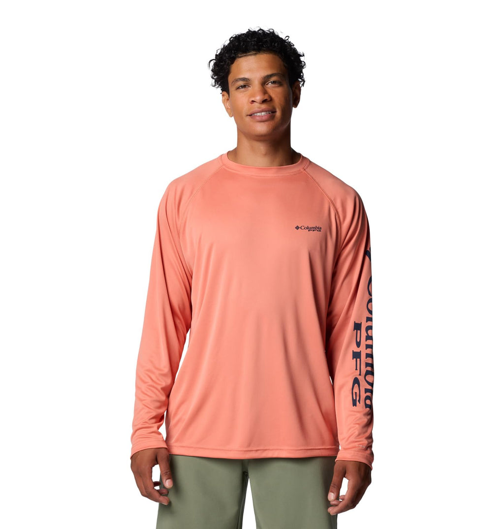 Columbia Men's Terminal Tackle Long Sleeve Shirt, Faded Peach/Collegiate Navy Logo, 4X Big