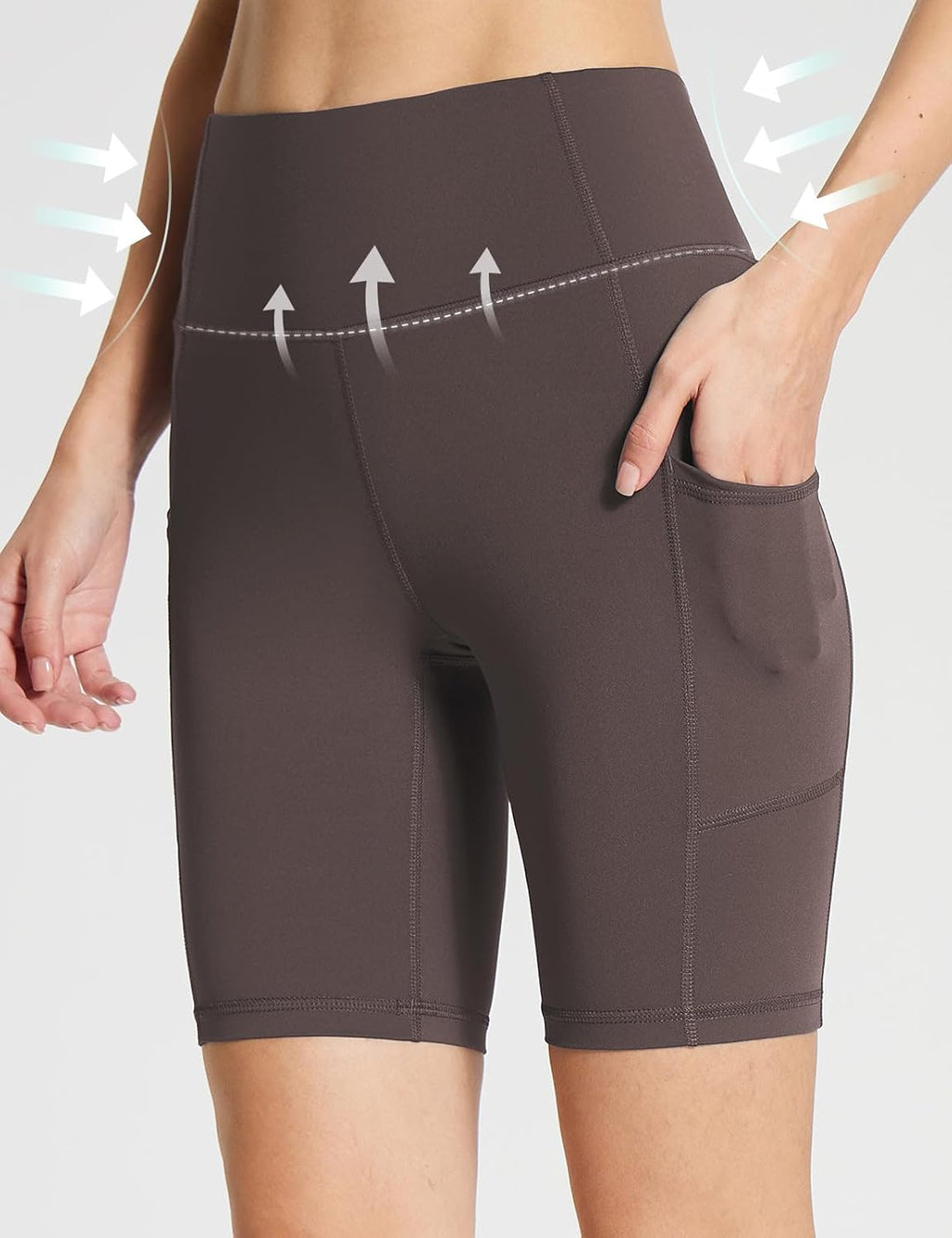 Baleaf Women's High-Waisted Spandex Biker Shorts - 8" Compression Workout Shorts with Pockets in Brown