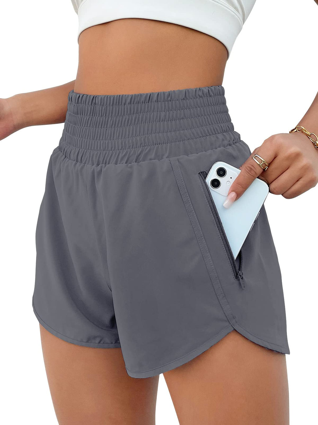 BMJL Women's Athletic Shorts High Waisted Running Shorts Pocket Sporty Short Gym Elastic Workout Shorts（XS,Flower Grey