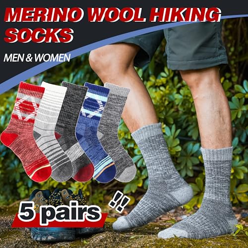 Welwoos Merino Wool Thermal Hiking Socks Large Assorted Square Stripes - Warm Moisture Wicking Outdoor Socks for Men & Women