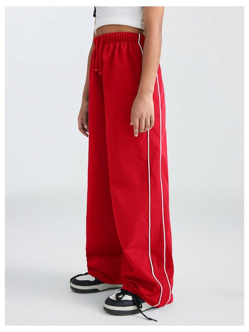 RoseSeek Girl's Wide Leg High Waist Sweatpants Side Striped Extra Long Baggy Track Pants Trousers Red 12Y