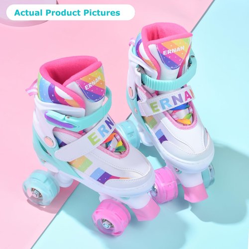 ERNAN Kids Roller Skates,Girls Roller Skates,4 Size Adjustable with Light up Wheels for for Beginner Kids Girls & Boys (Rainbow, M)