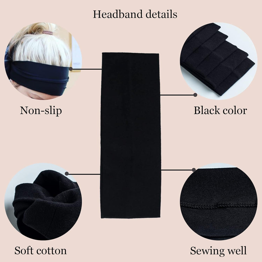 Skiennix 6 Pcs Black Cotton Headbands - Non-Slip, Stretchy Hair Accessories for Women